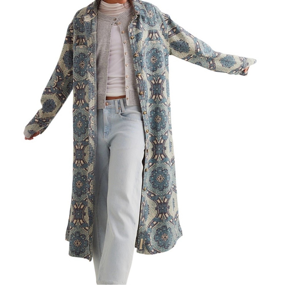 Free People Long Patterned Duster Coat in Blue and Cream